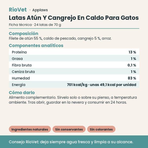 Applaws Latas Atún Y Cangrejo En Caldo Para Gatos Pack 24x70 g - ficha técnica
