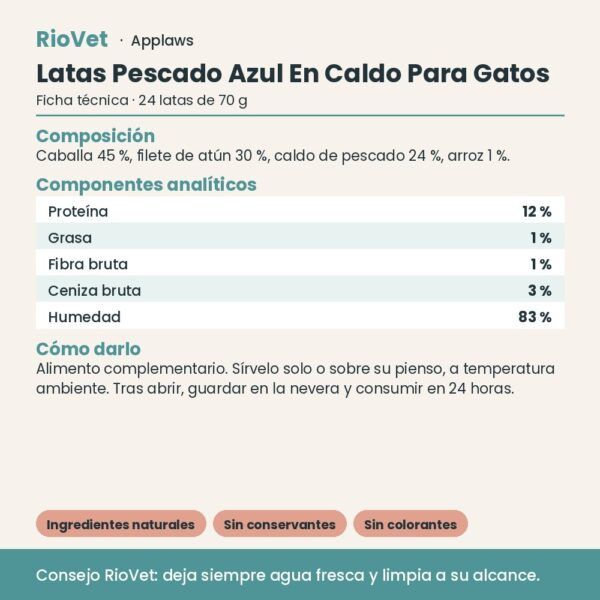 Applaws Latas Pescado Azul En Caldo Para Gatos Pack 24x70 g - ficha técnica