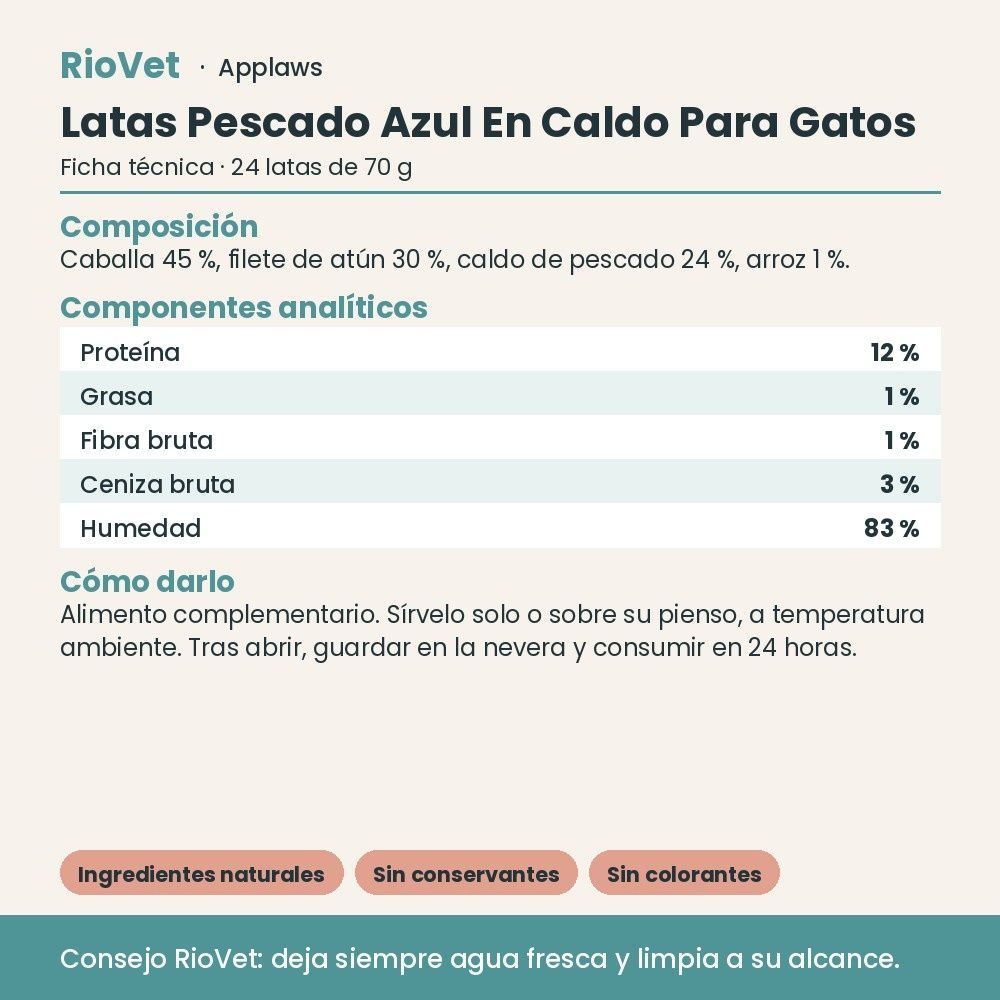Applaws Latas Pescado Azul En Caldo Para Gatos Pack 24x70 g - ficha técnica