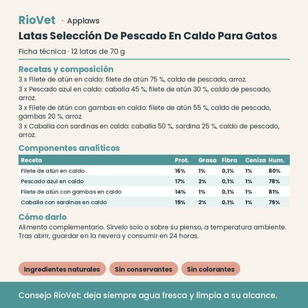Applaws Latas Selección De Pescado En Caldo Para Gatos Pack 12x70 g - ficha técnica