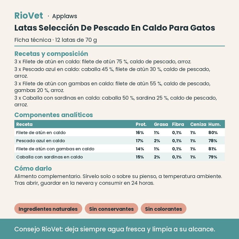 Applaws Latas Selección De Pescado En Caldo Para Gatos Pack 12x70 g - ficha técnica