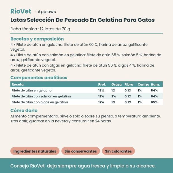 Applaws Latas Selección De Pescado En Gelatina Para Gatos Pack 12x70 g - ficha técnica