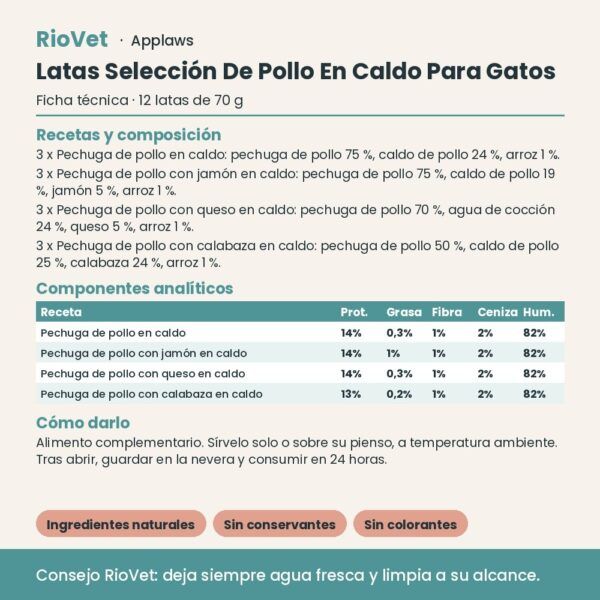 Applaws Latas Selección De Pollo En Caldo Para Gatos Pack 12x70 g - ficha técnica