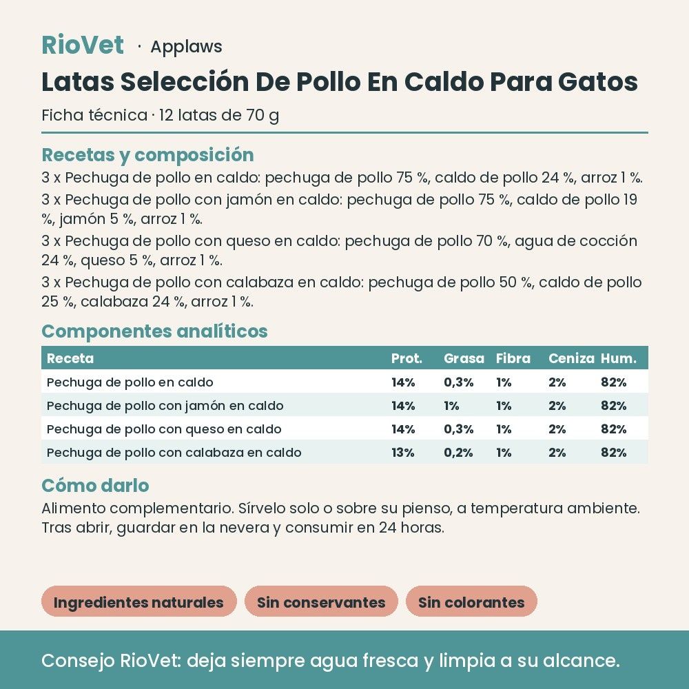 Applaws Latas Selección De Pollo En Caldo Para Gatos Pack 12x70 g - ficha técnica