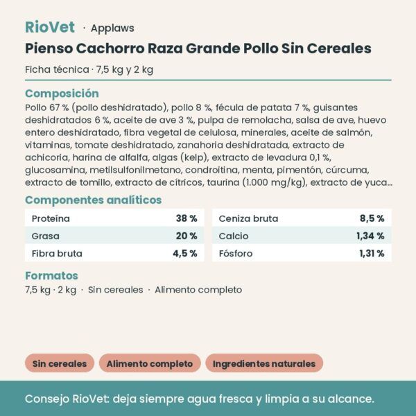 Applaws Pienso Cachorro Raza Grande Pollo Sin Cereales - ficha técnica