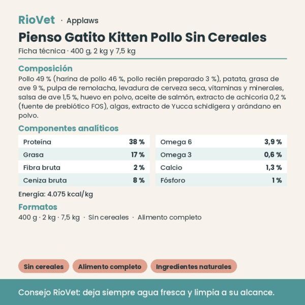Applaws Pienso Gatito Kitten Pollo Sin Cereales - ficha técnica