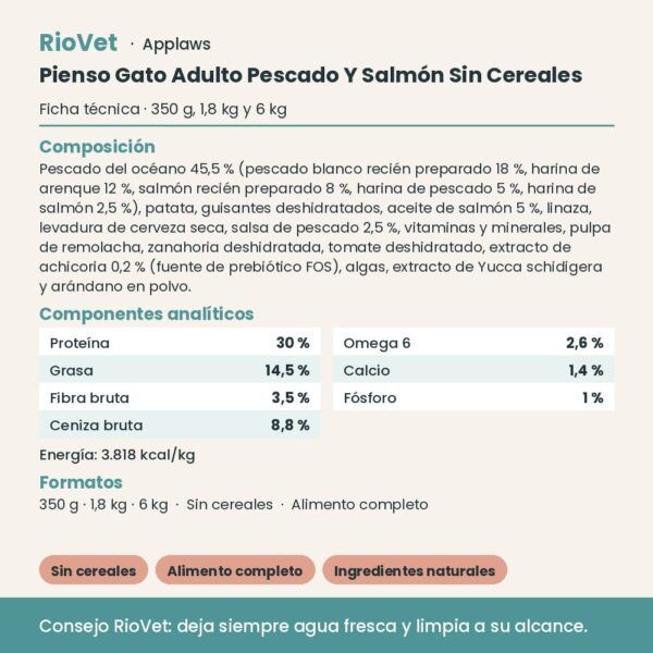 Applaws Pienso Gato Adulto Pescado Y Salmón Sin Cereales - ficha técnica
