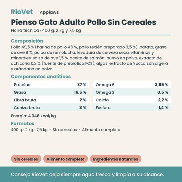 Applaws Pienso Gato Adulto Pollo Sin Cereales - ficha técnica
