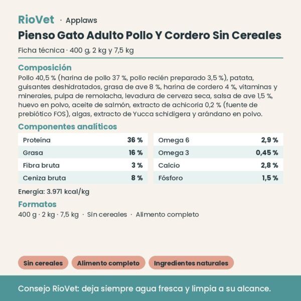 Applaws Pienso Gato Adulto Pollo Y Cordero Sin Cereales - ficha técnica
