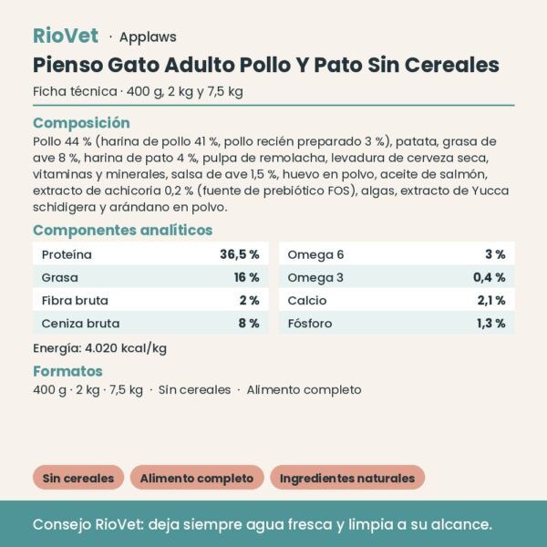 Applaws Pienso Gato Adulto Pollo Y Pato Sin Cereales - ficha técnica