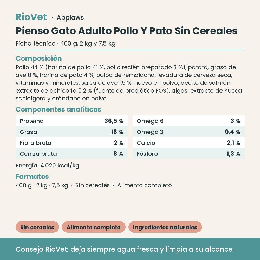 Applaws Pienso Gato Adulto Pollo Y Pato Sin Cereales - ficha técnica