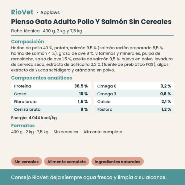 Applaws Pienso Gato Adulto Pollo Y Salmón Sin Cereales - ficha técnica