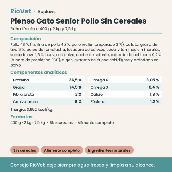 Applaws Pienso Gato Senior Pollo Sin Cereales - ficha técnica