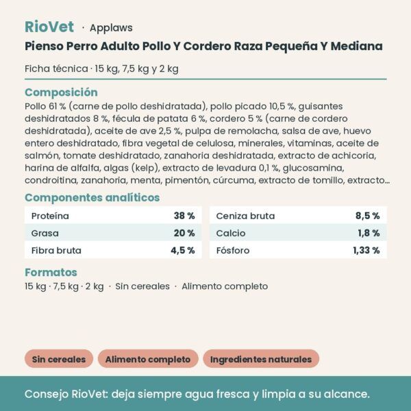 Applaws Pienso Perro Adulto Pollo Y Cordero Raza Pequeña Y Mediana - ficha técnica