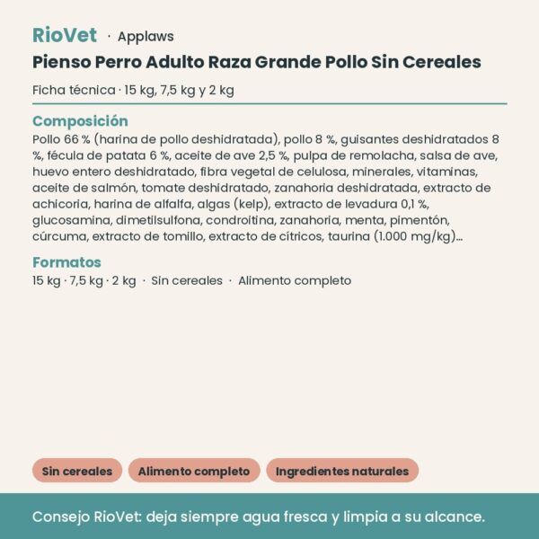 Applaws Pienso Perro Adulto Raza Grande Pollo Sin Cereales - ficha técnica
