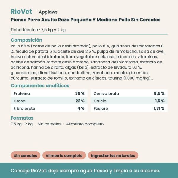 Applaws Pienso Perro Adulto Raza Pequeña Y Mediana Pollo Sin Cereales - ficha técnica