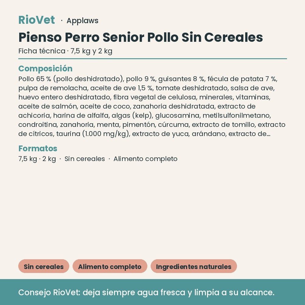Applaws Pienso Perro Senior Pollo Sin Cereales - ficha técnica