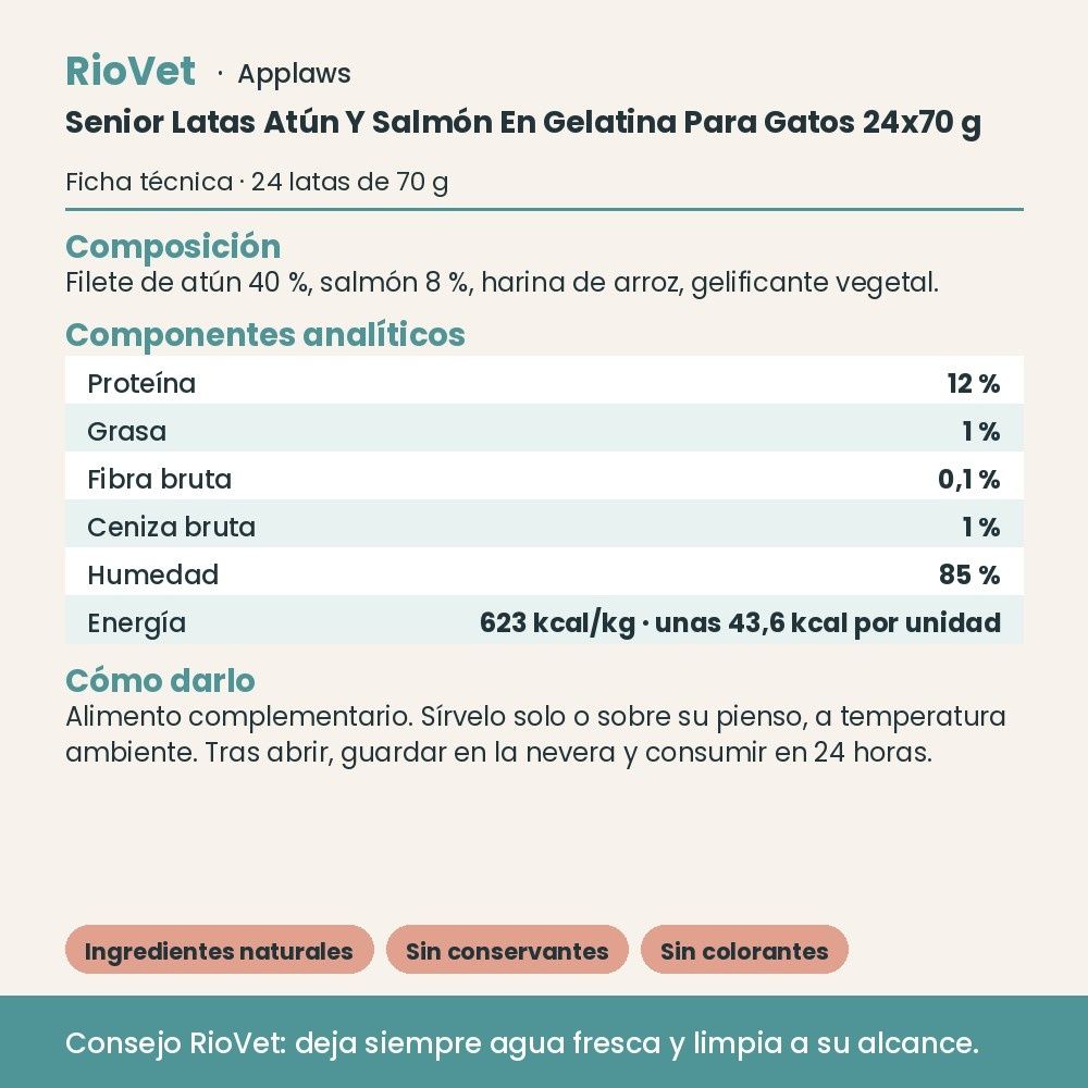 Applaws Senior Latas Atún Y Salmón En Gelatina Para Gatos 24x70 g - ficha técnica