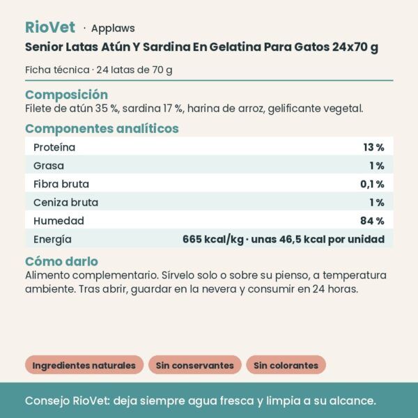 Applaws Senior Latas Atún Y Sardina En Gelatina Para Gatos 24x70 g - ficha técnica