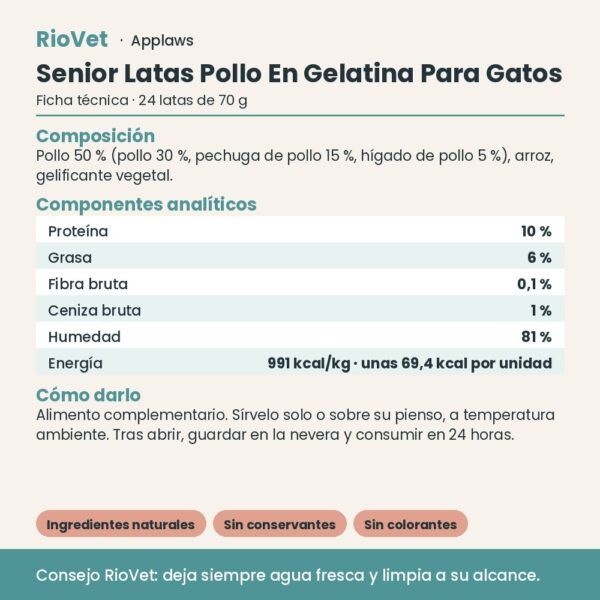 Applaws Senior Latas Pollo En Gelatina Para Gatos Pack 24x70 g - ficha técnica