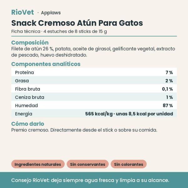 Applaws Snack Cremoso Atún Para Gatos Pack 32 Sticks De 15 g - ficha técnica