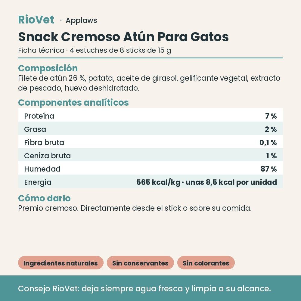 Applaws Snack Cremoso Atún Para Gatos Pack 32 Sticks De 15 g - ficha técnica