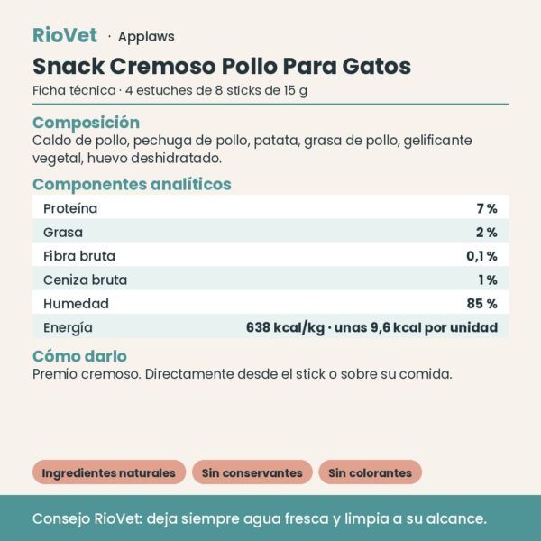 Applaws Snack Cremoso Pollo Para Gatos Pack 32 Sticks De 15 g - ficha técnica