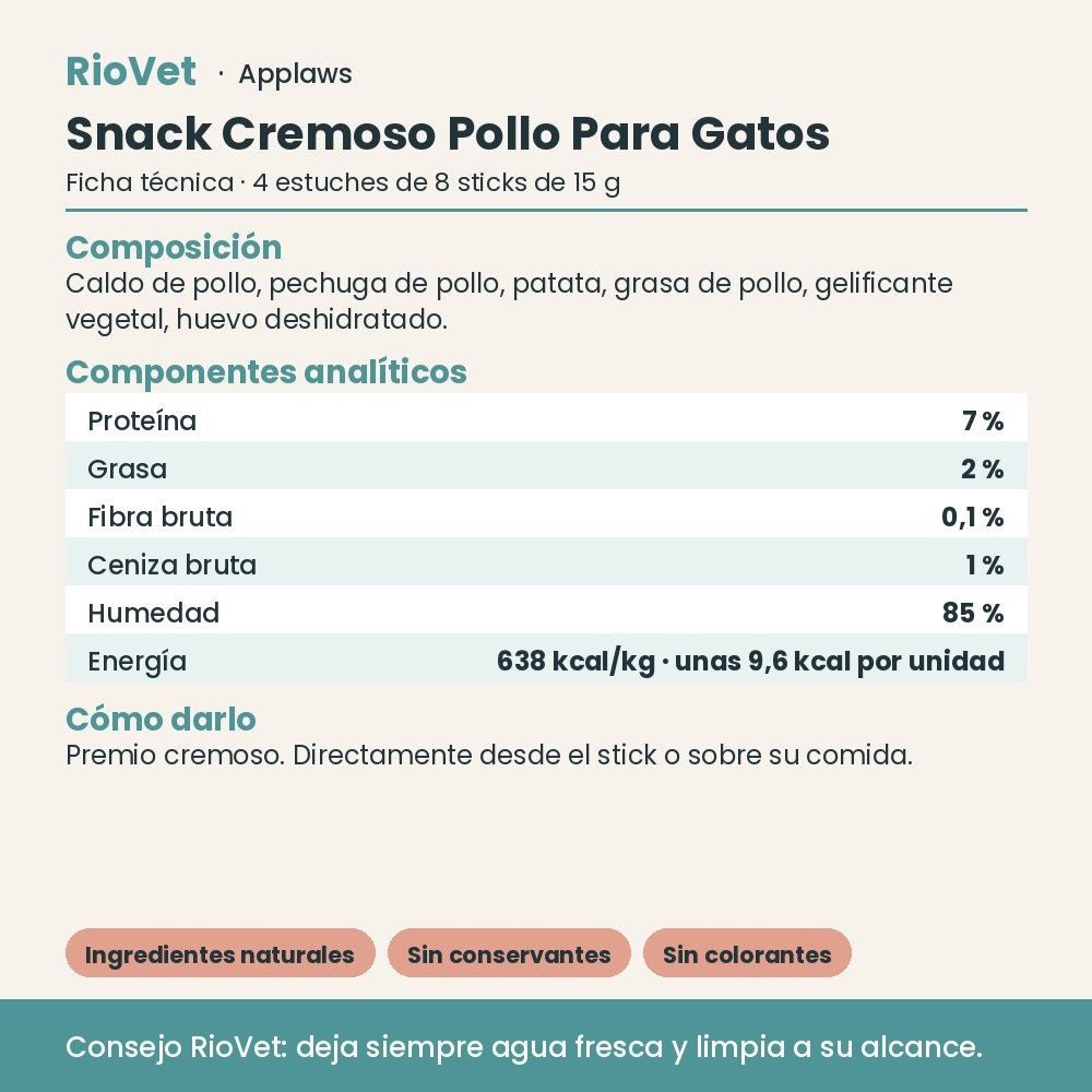 Applaws Snack Cremoso Pollo Para Gatos Pack 32 Sticks De 15 g - ficha técnica