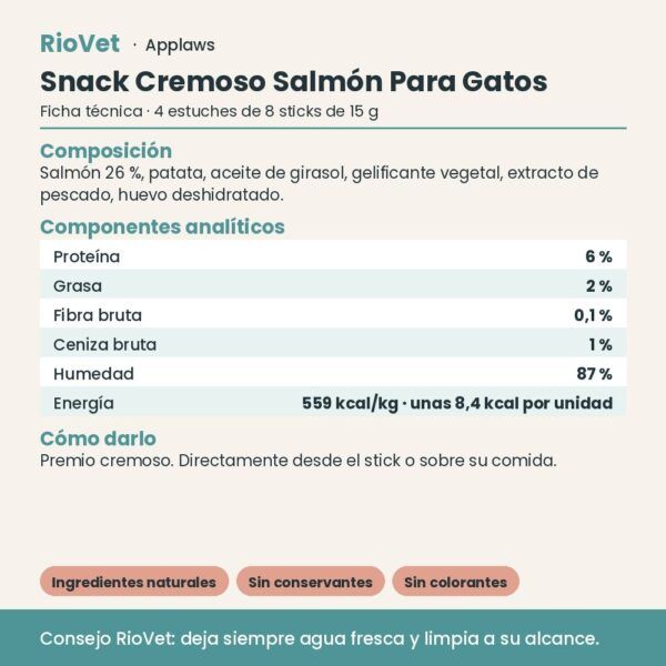 Applaws Snack Cremoso Salmón Para Gatos Pack 32 Sticks De 15 g - ficha técnica