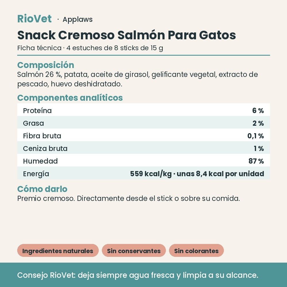 Applaws Snack Cremoso Salmón Para Gatos Pack 32 Sticks De 15 g - ficha técnica