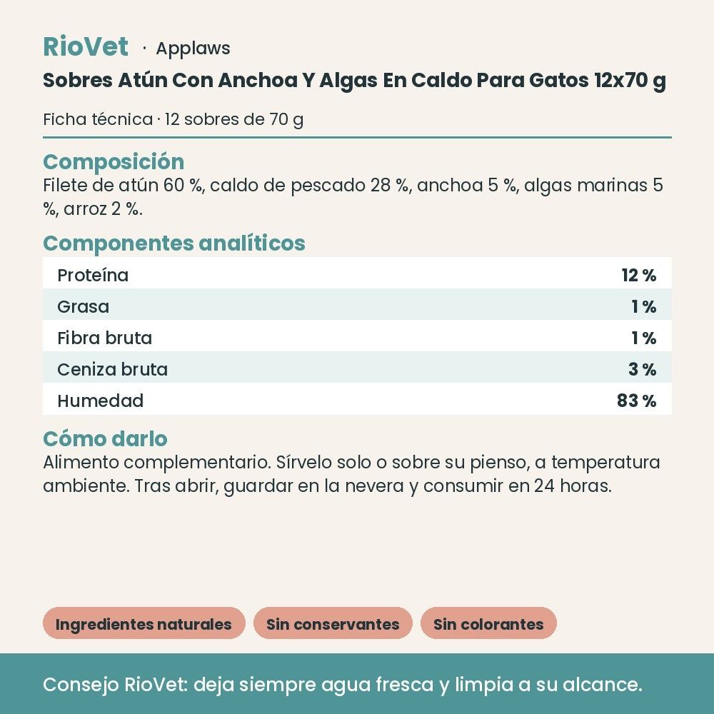 Applaws Sobres Atún Con Anchoa Y Algas En Caldo Para Gatos 12x70 g - ficha técnica