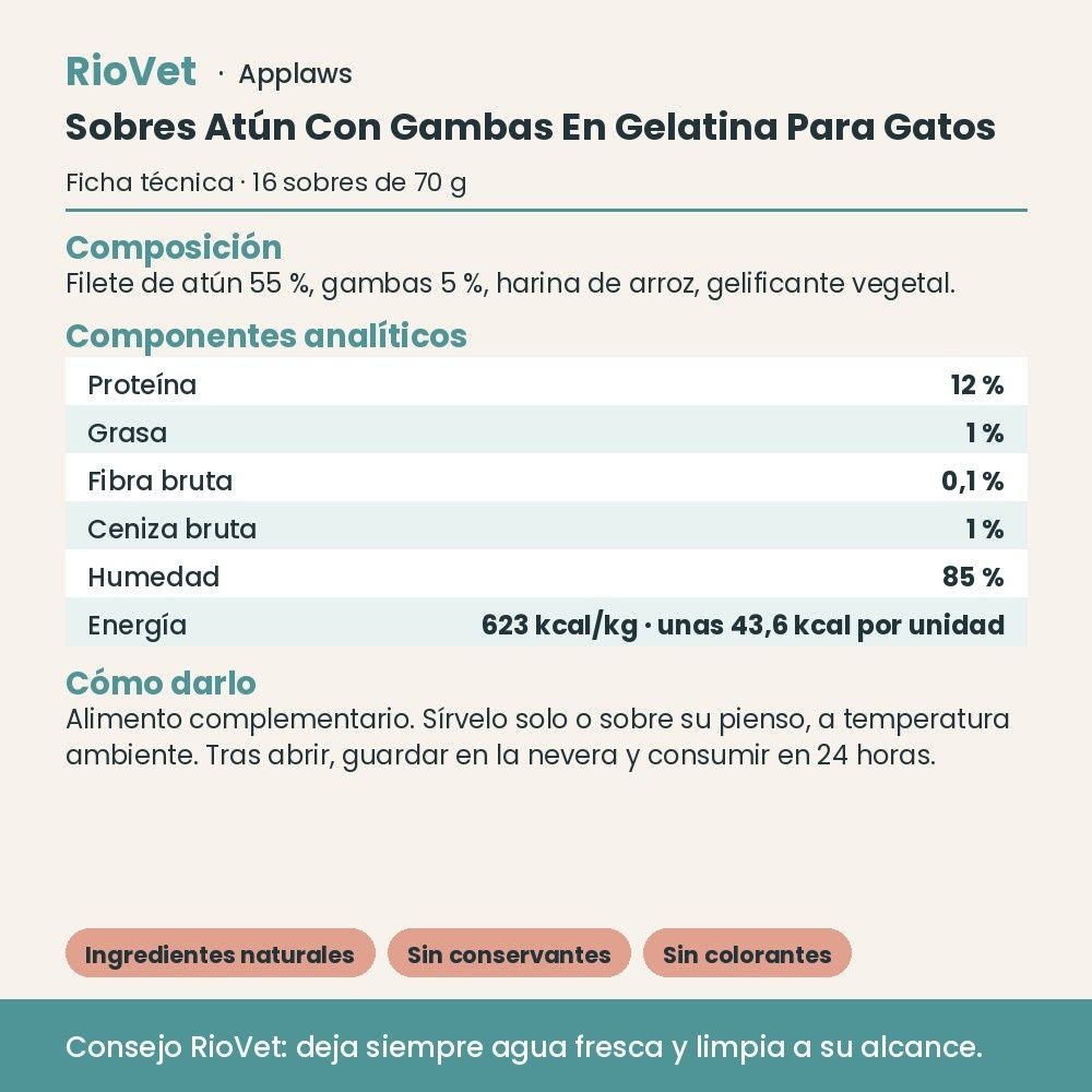Applaws Sobres Atún Con Gambas En Gelatina Para Gatos Pack 16x70 g - ficha técnica