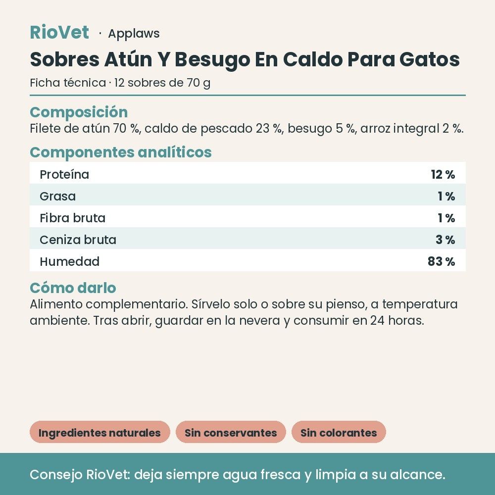 Applaws Sobres Atún Y Besugo En Caldo Para Gatos Pack 12x70 g - ficha técnica