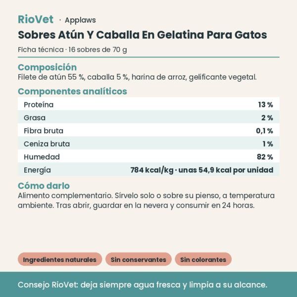 Applaws Sobres Atún Y Caballa En Gelatina Para Gatos Pack 16x70 g - ficha técnica