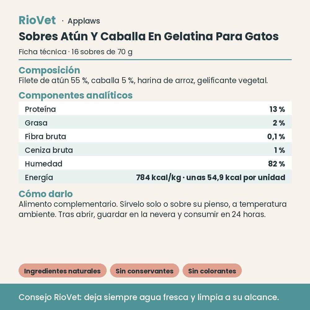Applaws Sobres Atún Y Caballa En Gelatina Para Gatos Pack 16x70 g - ficha técnica