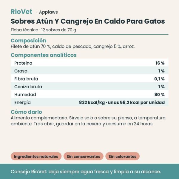 Applaws Sobres Atún Y Cangrejo En Caldo Para Gatos Pack 12x70 g - ficha técnica