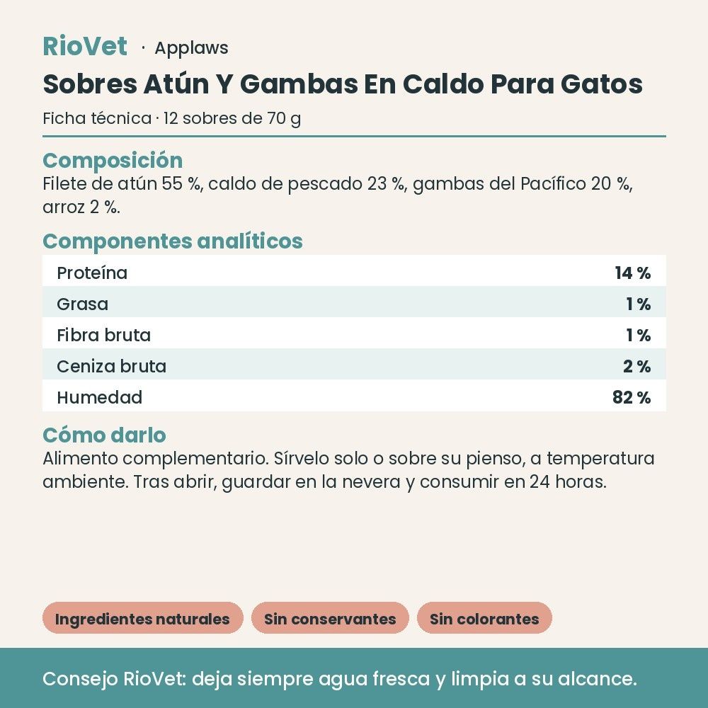 Applaws Sobres Atún Y Gambas En Caldo Para Gatos Pack 12x70 g - ficha técnica