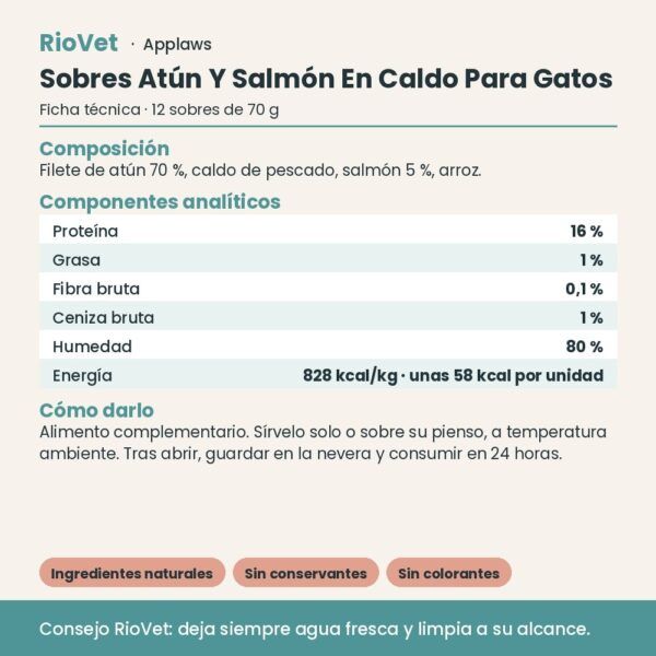 Applaws Sobres Atún Y Salmón En Caldo Para Gatos Pack 12x70 g - ficha técnica