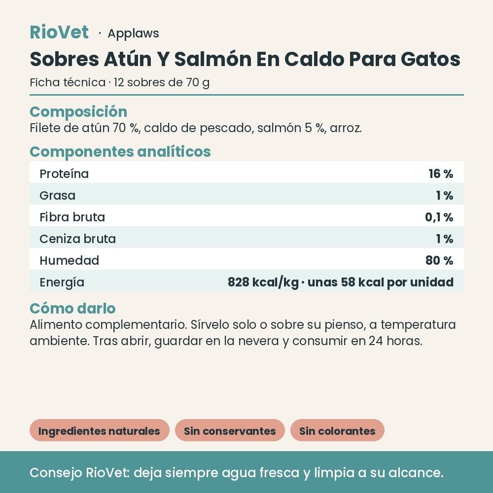Applaws Sobres Atún Y Salmón En Caldo Para Gatos Pack 12x70 g - ficha técnica