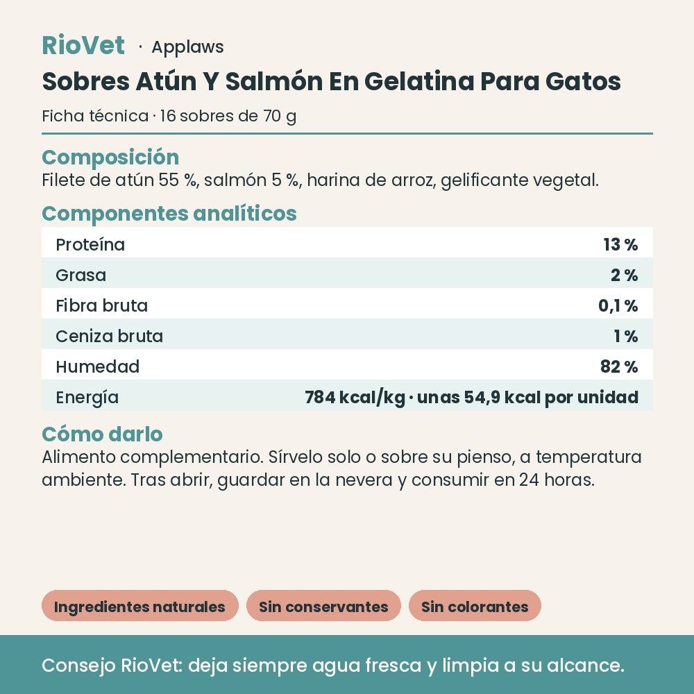 Applaws Sobres Atún Y Salmón En Gelatina Para Gatos Pack 16x70 g - ficha técnica