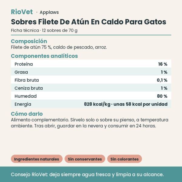 Applaws Sobres Filete De Atún En Caldo Para Gatos Pack 12x70 g - ficha técnica