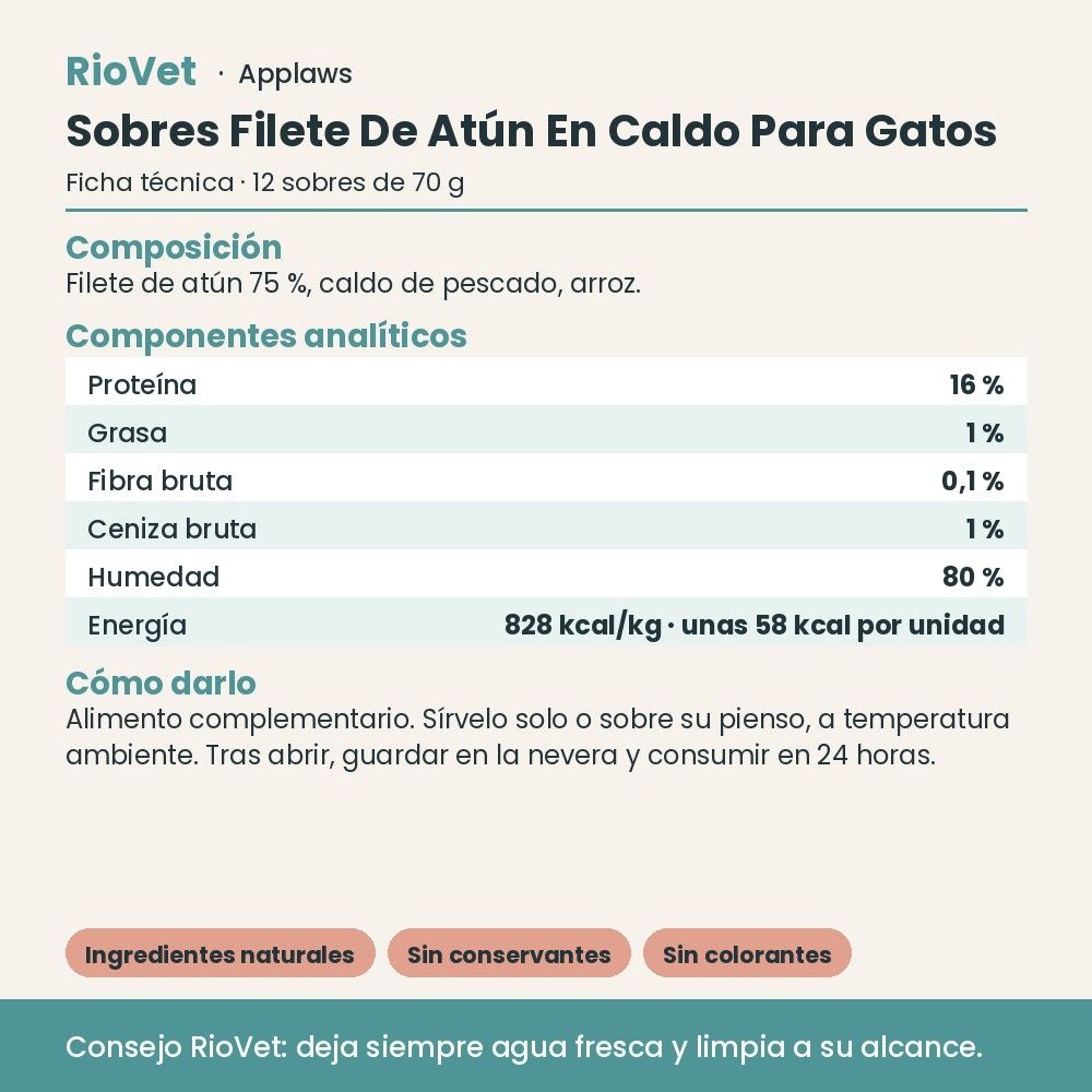 Applaws Sobres Filete De Atún En Caldo Para Gatos Pack 12x70 g - ficha técnica