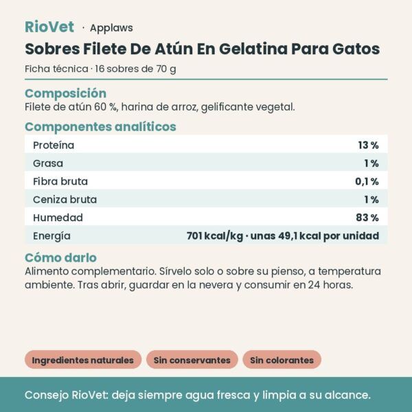 Applaws Sobres Filete De Atún En Gelatina Para Gatos Pack 16x70 g - ficha técnica