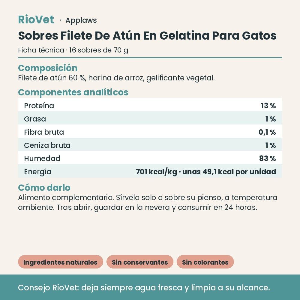 Applaws Sobres Filete De Atún En Gelatina Para Gatos Pack 16x70 g - ficha técnica