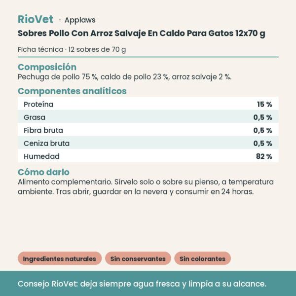 Applaws Sobres Pollo Con Arroz Salvaje En Caldo Para Gatos 12x70 g - ficha técnica
