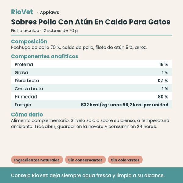 Applaws Sobres Pollo Con Atún En Caldo Para Gatos Pack 12x70 g - ficha técnica
