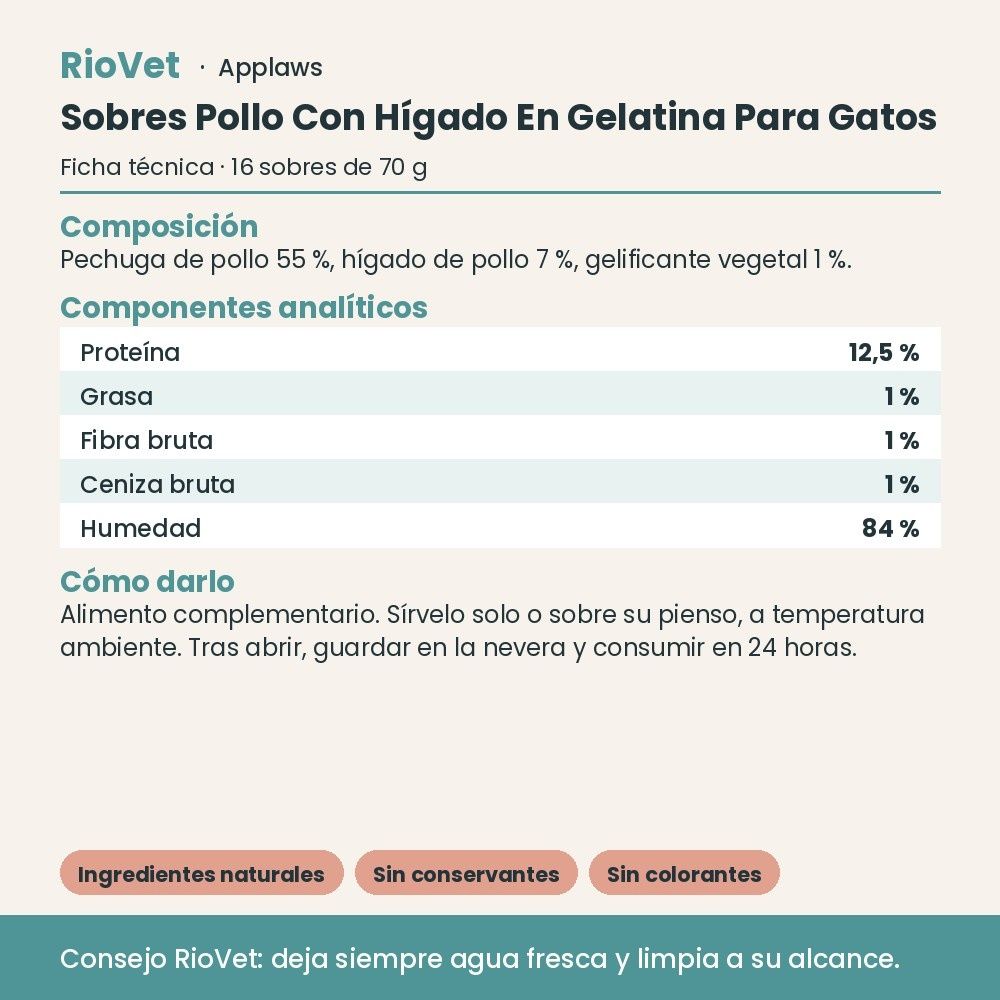 Applaws Sobres Pollo Con Hígado En Gelatina Para Gatos Pack 16x70 g - ficha técnica