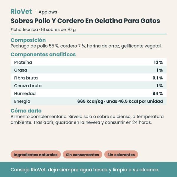Applaws Sobres Pollo Y Cordero En Gelatina Para Gatos Pack 16x70 g - ficha técnica