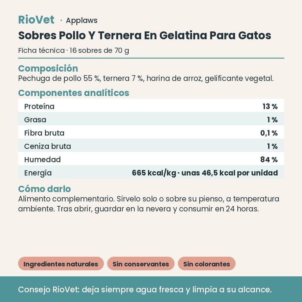 Applaws Sobres Pollo Y Ternera En Gelatina Para Gatos Pack 16x70 g - ficha técnica
