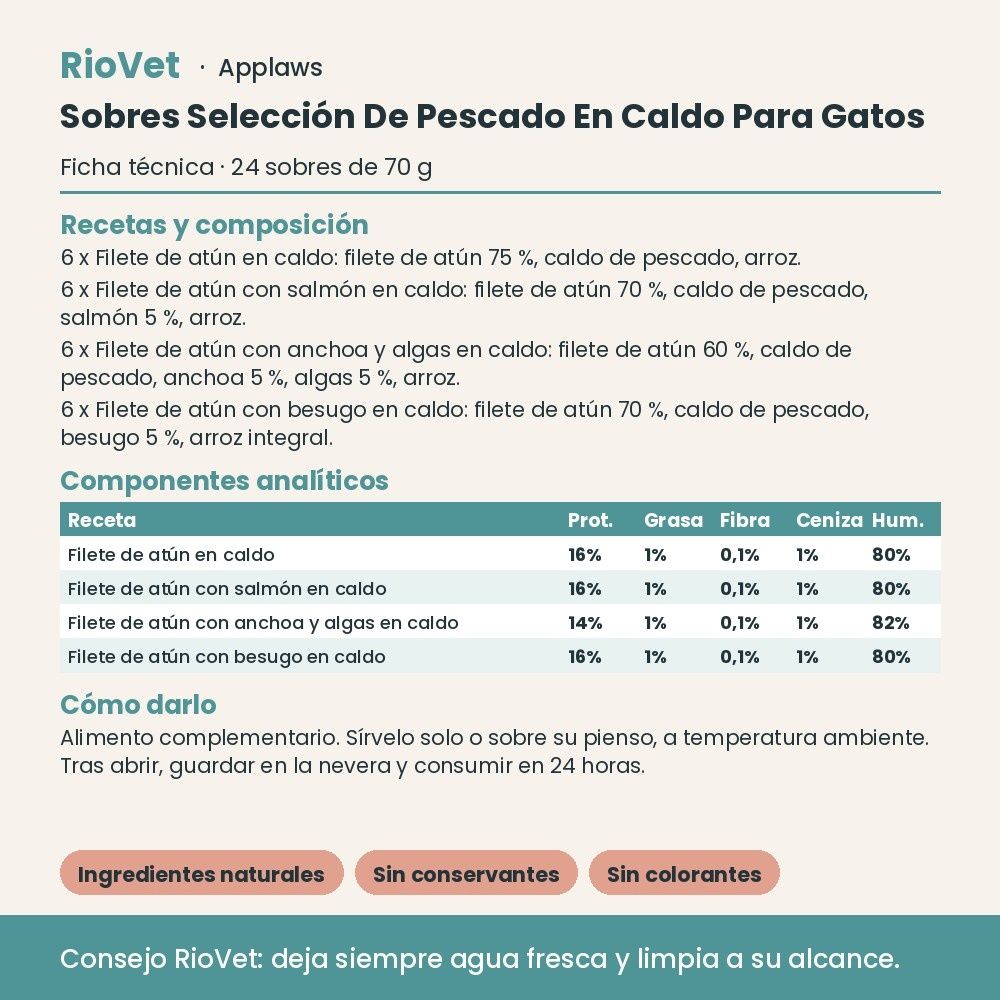 Applaws Sobres Selección De Pescado En Caldo Para Gatos Pack 24x70 g - ficha técnica